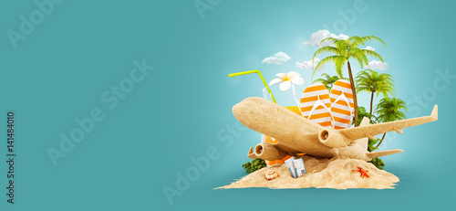 airplane and tropical palm on a paradise island