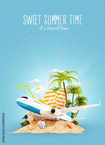 airplane and tropical palm on a paradise island