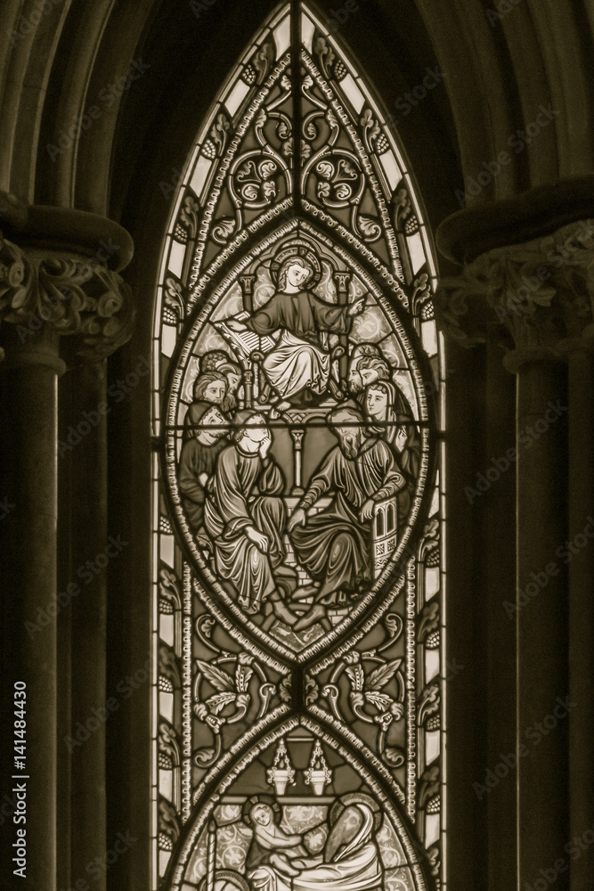 Stained Glass in Worcester Cathedral - The East Window close up A Stained Glass in Worcester Cathedral - The East Window close up A