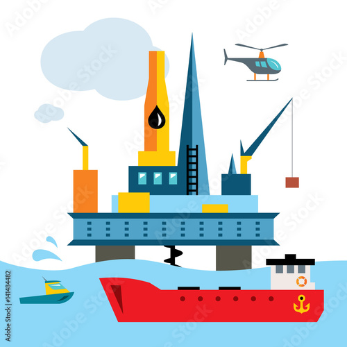 Vector Offshore Drilling Platform. Flat style colorful Cartoon illustration.