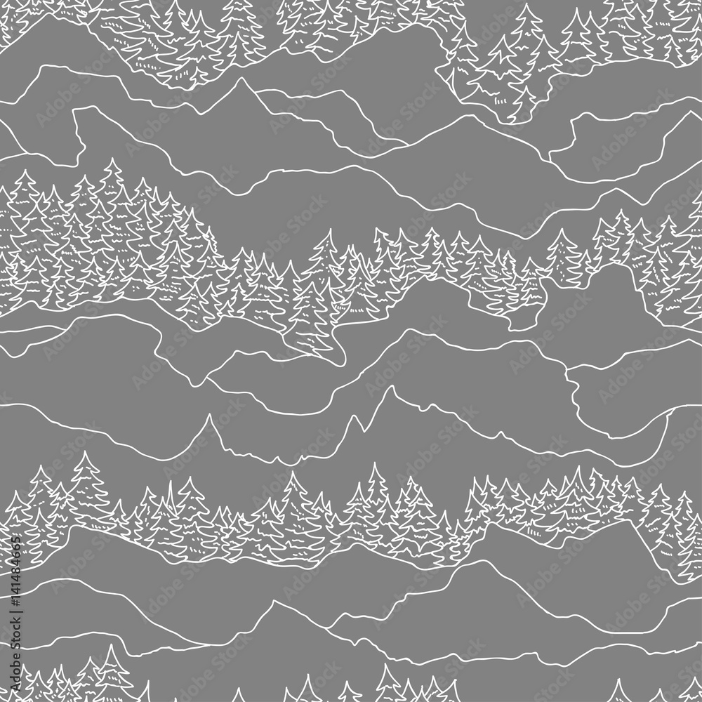 seamless pattern with trees and mountains
