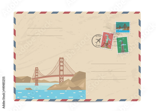 Golden Gate bridge, San Francisco, USA. Vintage postal envelope with famous architectural composition, postage stamps and postmarks on white background vector illustration. Airmail postal services.