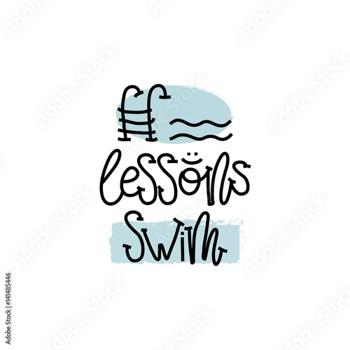 Education and Evaluation Concept. Hand writing logo lessons swim on white paper. View from above. Vector