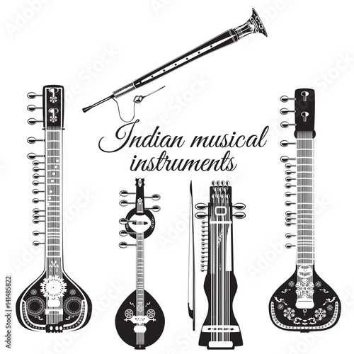 Vector set of indian musical instruments, flat style.