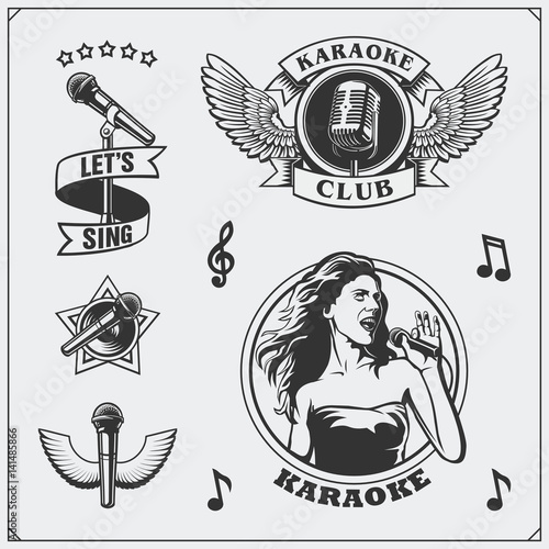 Vector set of karaoke vintage labels, badges and design elements. Karaoke Club emblems.