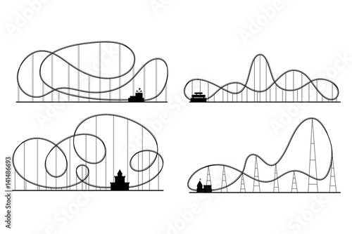 Amusement Park Roller Coaster Black Silhouettes Set. Vector