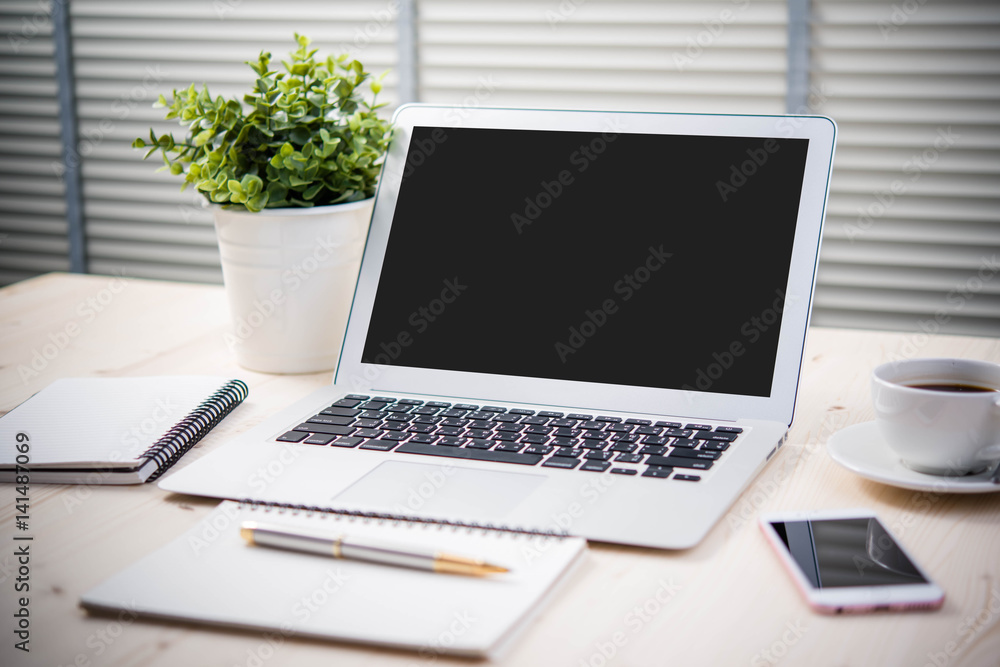laptop with blank screen and coffee laptop with blank screen and coffee