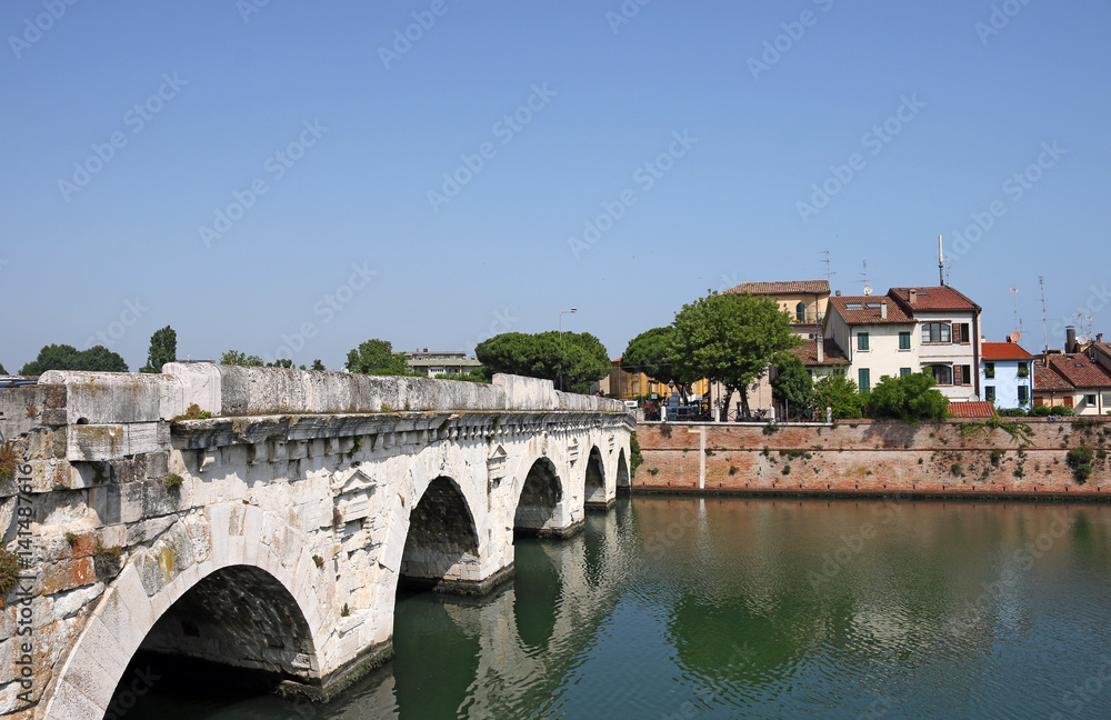 old stone Tiberius bridge landmark Rimini Italy
