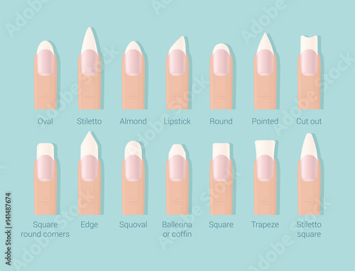 Different shapes of nails. Professional female manicure. Nails trends. Vector illustration.