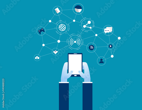Network with mobile phone. Concept business design cartoon illustration. Vector mixed media flat