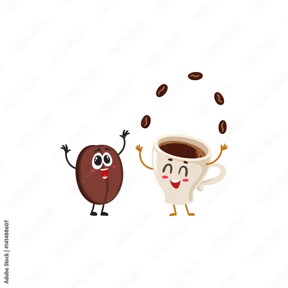 Funny characters of crazy coffee bean and juggling espresso cup, cartoon vector illustration isolated on white background. Coffee bean hands up from awe and juggling espresso cup characters, mascots Funny characters of crazy coffee bean and juggling espresso cup, cartoon vector illustration isolated on white background. Coffee bean hands up from awe and juggling espresso cup characters, mascots
