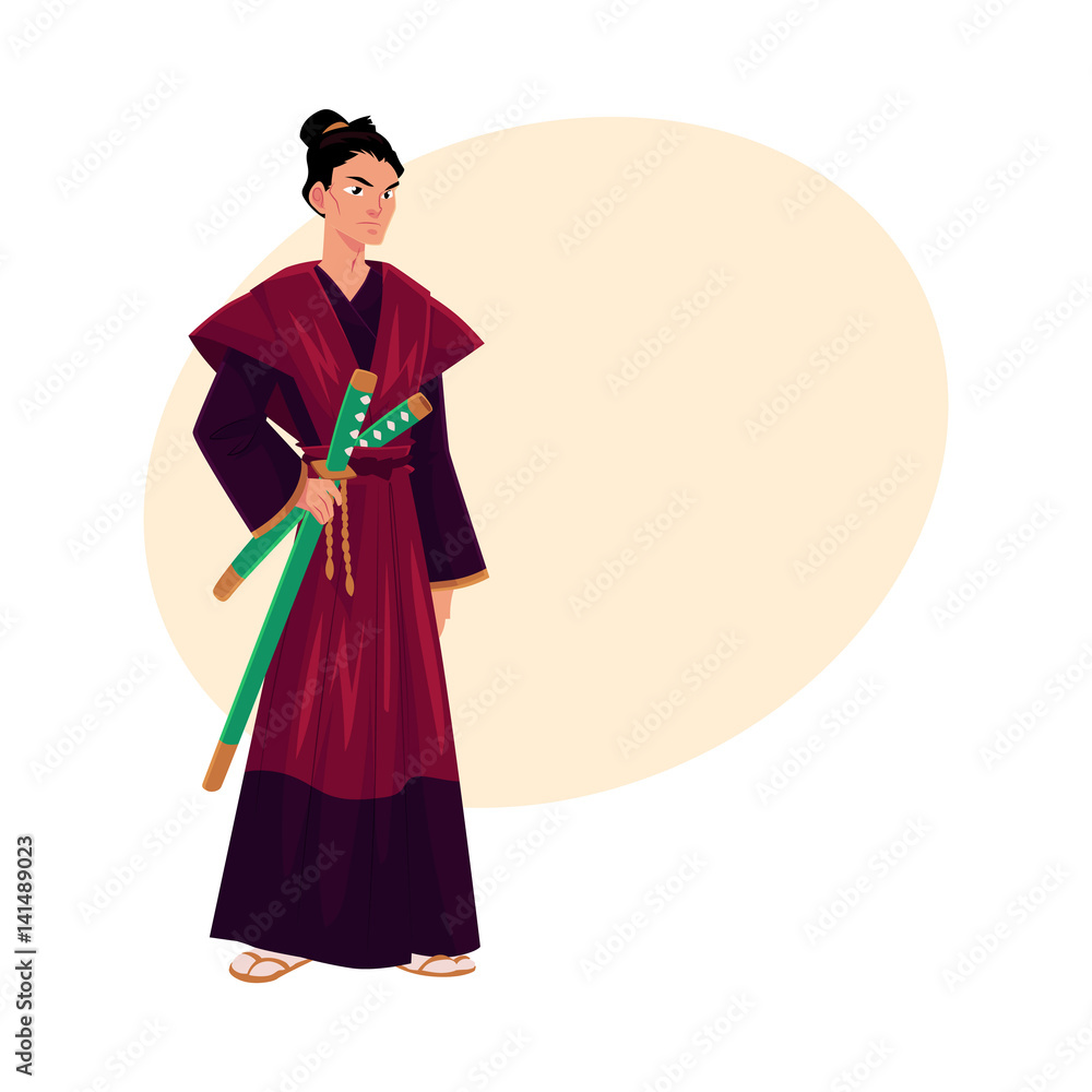 Japanese samurai, warrior in traditional kimono with katana swords, symbol of Japan, cartoon vector illustration with place for text. Full length portrait of Japanese samurai with swords