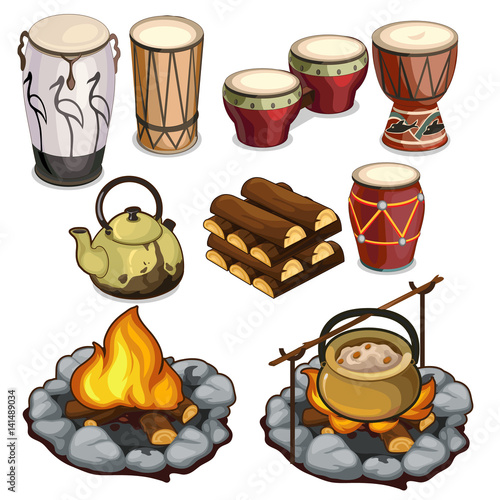 Musical instruments drums and elements of camping