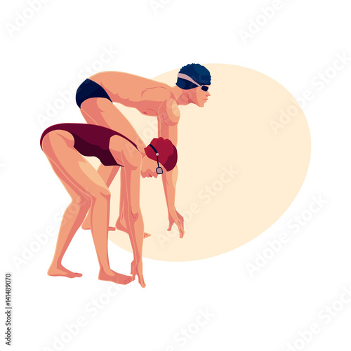 Young and slim female and male swimmers in starting position, ready do dive and swim, cartoon vector illustration with place for text.