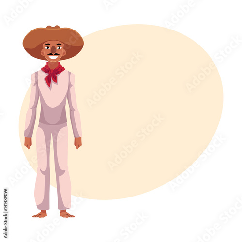 Mexican man in traditional national costume, white clothes and red neck tie, cartoon vector illustration with place for text. Full length portrait of Mexican man in national clothes