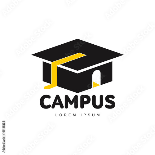 Graphic three colored square academic, graduation cap logo template, vector illustration isolated on white background. Stylized square graphic graduation cap logotype, logo design in three colors