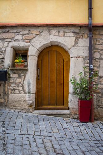 Old Vintage Cobblestone Alley Street Door Entrance Wooden Design Colors Italy Flowers Tiny House Cute © hunterbliss