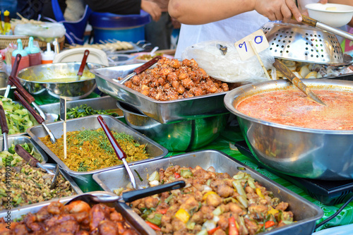 Street food market stalls near Central World mall in Bangkok, Thailand