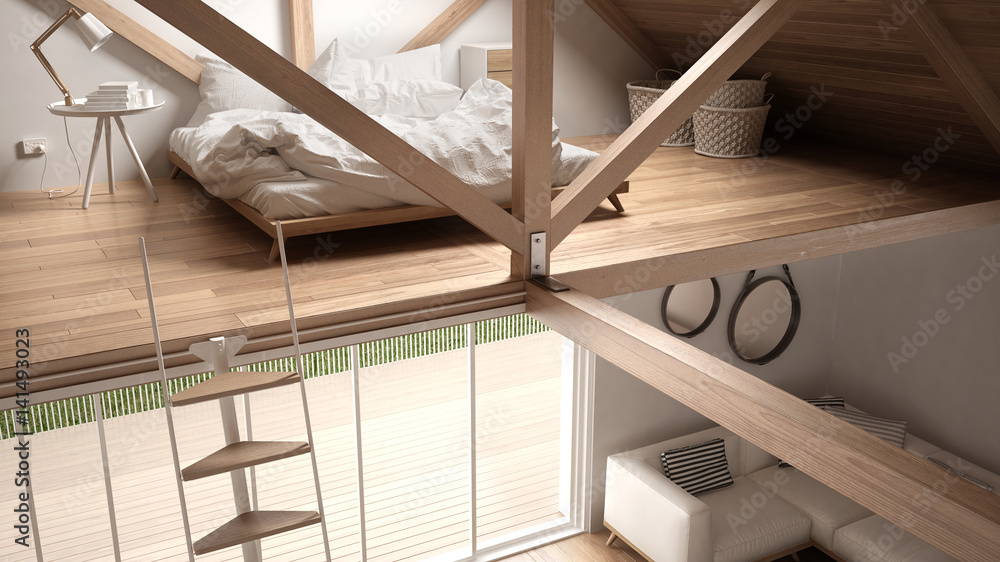 Mezzanine loft bedroom, stairs and living with sofa, minimalist  scandinavian interior design Illustration Stock | Adobe Stock