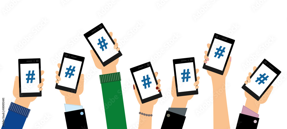 Personen zeigen Hashtags auf ihren Smartphones - obrazy, fototapety, plakaty 