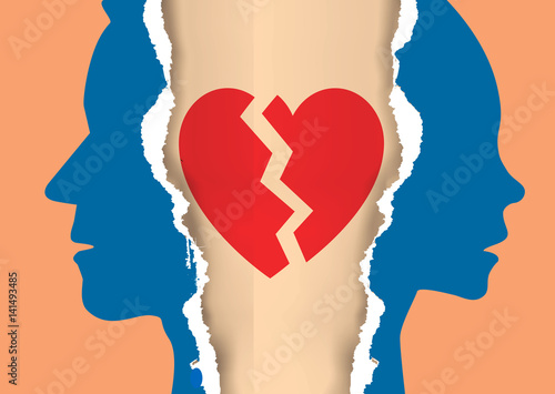 Divorce couple torn paper concept.
Ripped paper with man and woman silhouettes and broken heart symbolizing divorced couple.Vector available.