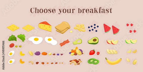 Healthy breakfast food icons collection. fruits and berries, nut