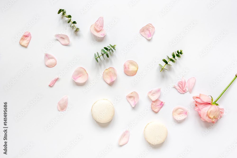 spring pattern with macaroons and flower in soft light top view spring pattern with macaroons and flower in soft light top view