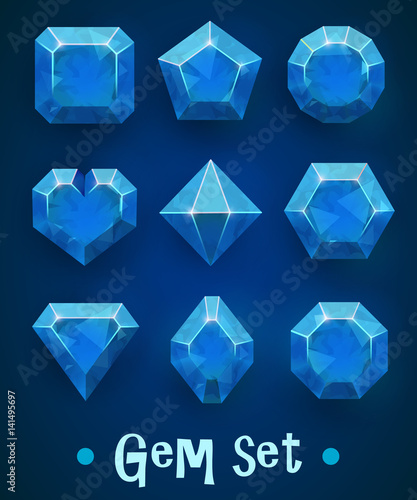 Set of realistic blue gems of various shapes. Sapphire collection. Elements for mobile games or decoration.