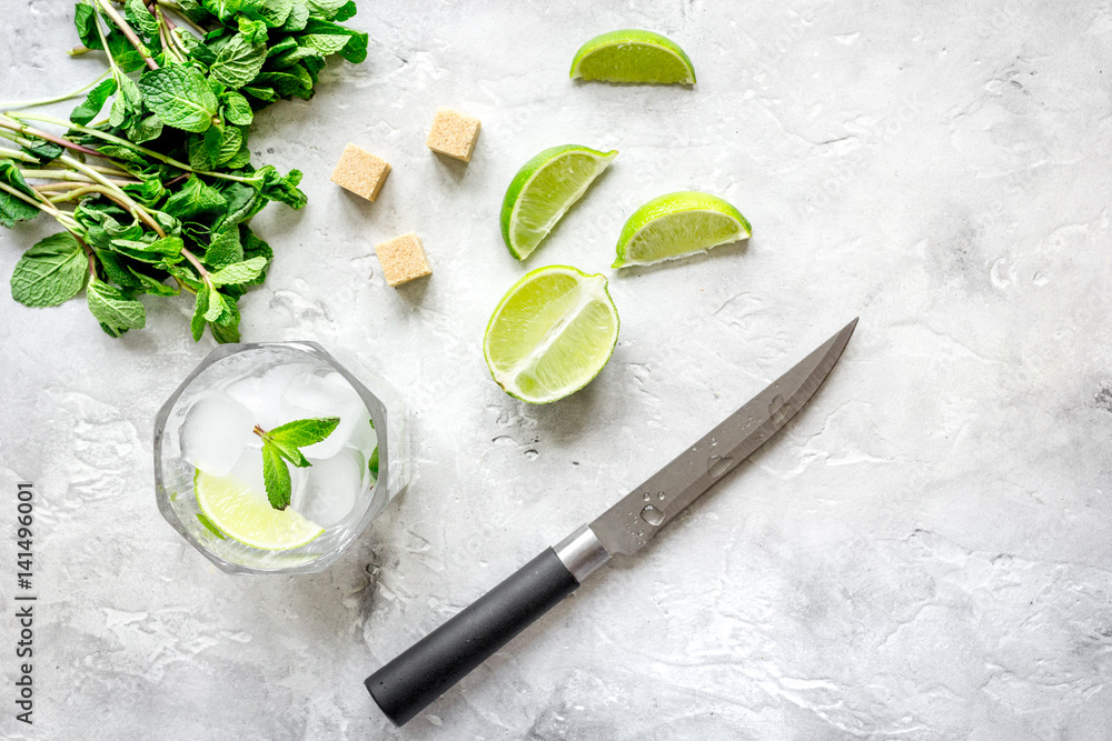 making mojito on stone background top view making mojito on stone background top view
