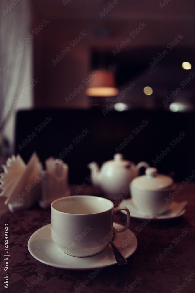 cup of tea or coffee in a cafe serving breakfast table