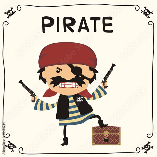 Angry pirate in cartoon style with chest of gold. Isolated pirate in red bandana with bandage on eye.