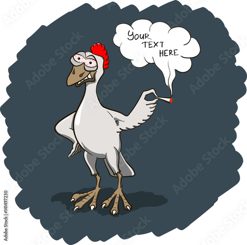 Smiling rastafarian chiken. Rooster with marijuana joint in hand. Vector illustration, frame for your text.