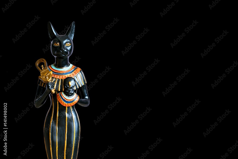 The Goddess Bastet Role in ancient Egypt on black background. Bastet