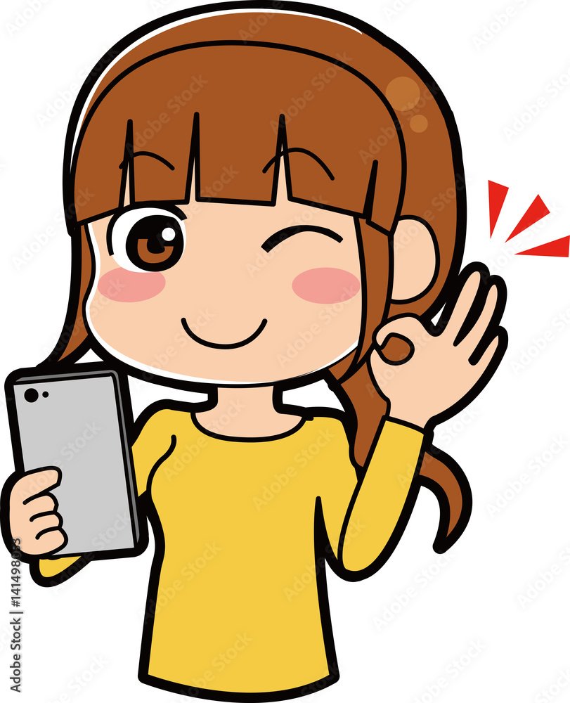 スマホをもってグーサインをする女性のイラスト