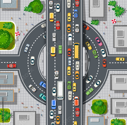Top view of city map. Crossroads of urban streets with traffic automobile and a lot of cars with traffic jam congestion