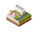 Isometric icon factory with a warehouse of finished products