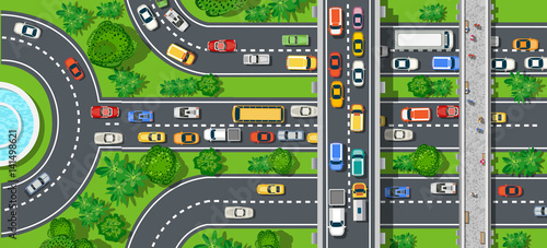 Top view of city map. Crossroads of urban streets with traffic automobile and a lot of cars with traffic jam congestion