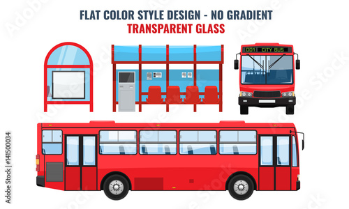 Cool modern flat design public transport. Bus stop structure and city bus, side and front view, isolated. Flat and solid color design.