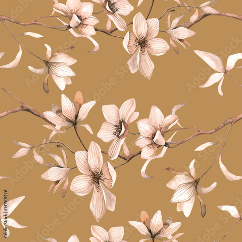 Seamless floral pattern with magnolias on a brown background  watercolor. Vector illustration.