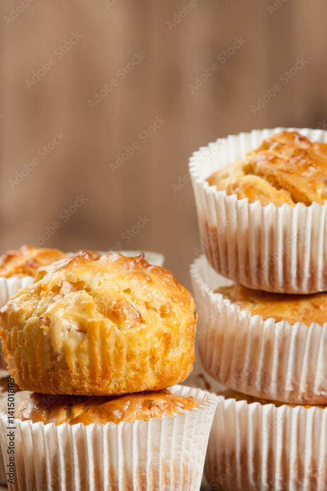 Homebaked Ham And Cheese Muffins In Paper Cases. Homebaked Ham And Cheese Muffins In Paper Cases.