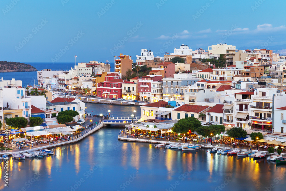Beautiful southern town of Agios Nikolaos on a warm summer evening, Crete Island, Greece
