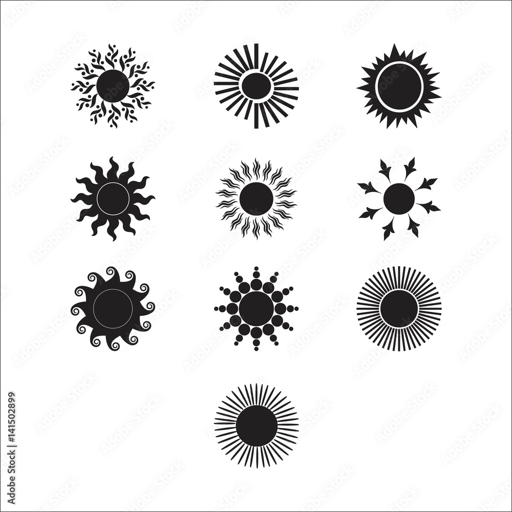 Sun vector burst icon set sol sunshine black color on white background. Isolated flat element sunlight. Illustration weather symbol design for web and app. Sun vector burst icon set sol sunshine black color on white background. Isolated flat element sunlight. Illustration weather symbol design for web and app.
