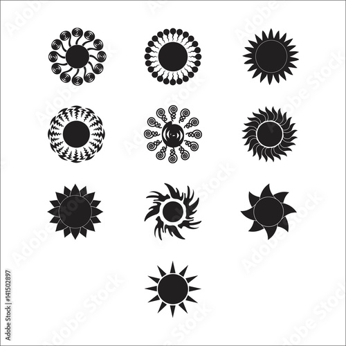 Sun vector burst icon set sol sunshine black color on white background. Isolated flat element sunlight. Illustration weather symbol design for web and app.