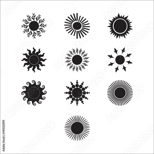 Sun vector burst icon set sol sunshine black color on white background. Isolated flat element sunlight. Illustration weather symbol design for web and app.