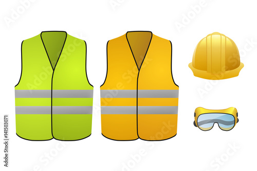 Orange and green safety vests. Safety equipment. Glasses and helmet. Vector Illustration isolated on white background