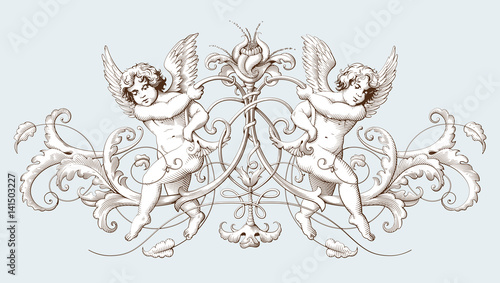 Vintage decorative element engraving with Baroque ornament pattern and cupids. Hand drawn vector illustration