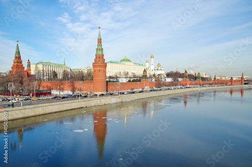 Beautiful winter view of the Moscow Kremlin and the Kremlin embankment