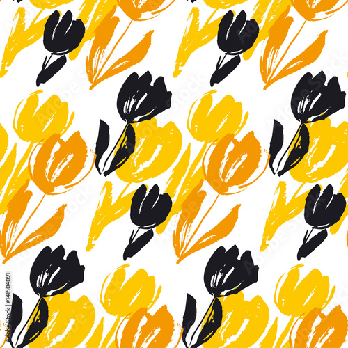 Shabby sketch tulip flower seamless pattern. Modern abstract style floral sur...