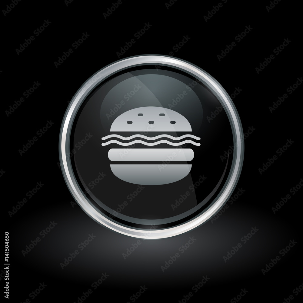 Fast food symbol with hamburger icon inside round chrome silver and black button emblem on black background. Vector illustration. Fast food symbol with hamburger icon inside round chrome silver and black button emblem on black background. Vector illustration.