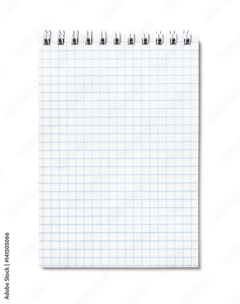 Narrow open blank Notepad in a cage with a spiral binding at the top, top view, isolated Narrow open blank Notepad in a cage with a spiral binding at the top, top view, isolated